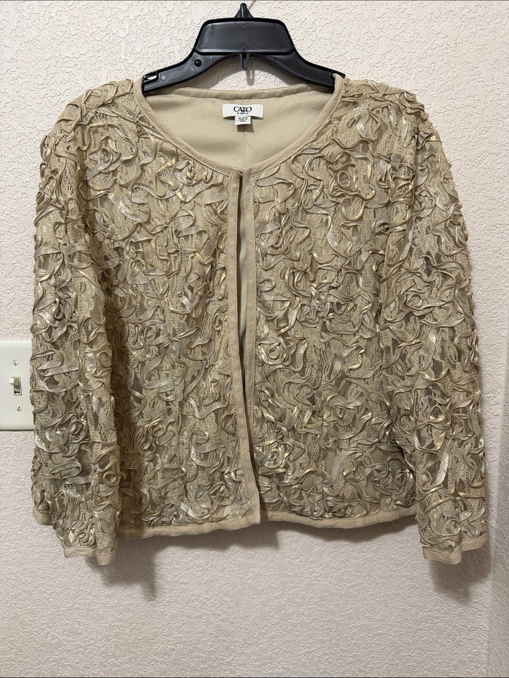 Cato Cream-Gold Textured Open-Front Embellished Cardigan